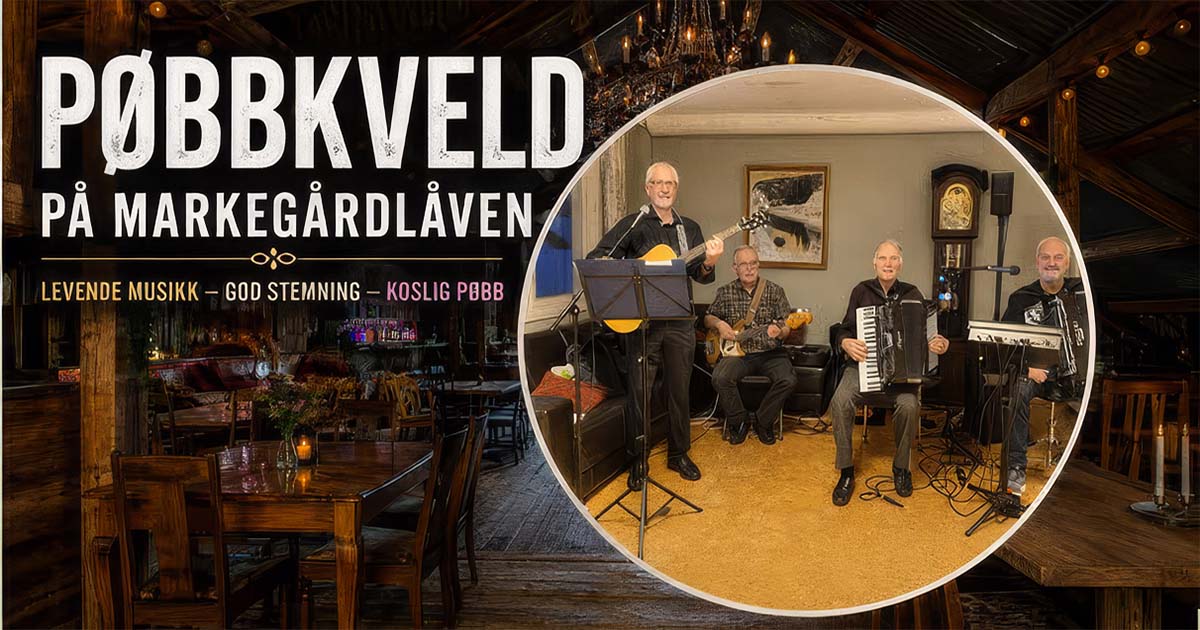 Plakat for pøbbkveld med levande musikk på Markegårdlåven; fire musikarar