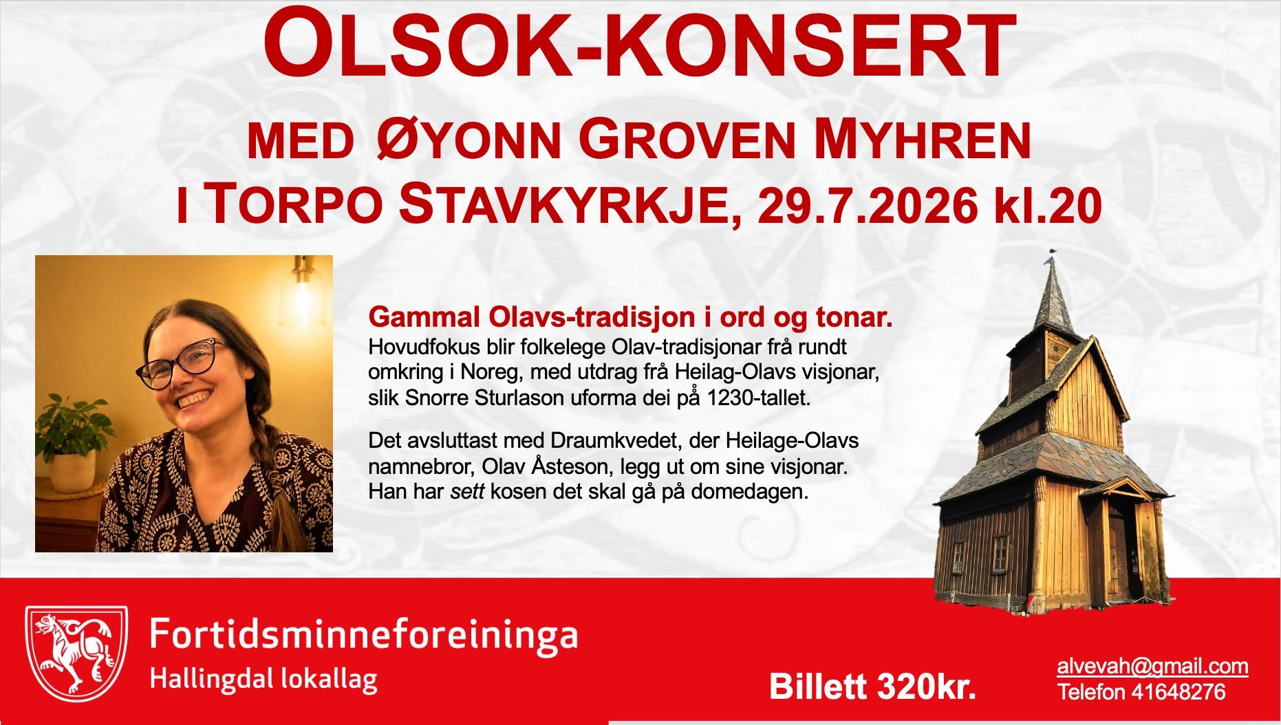 Plakat for Olsok-konsert med Øyonn Groven Myhren i Torpo stavkyrkje 29. juli 2026